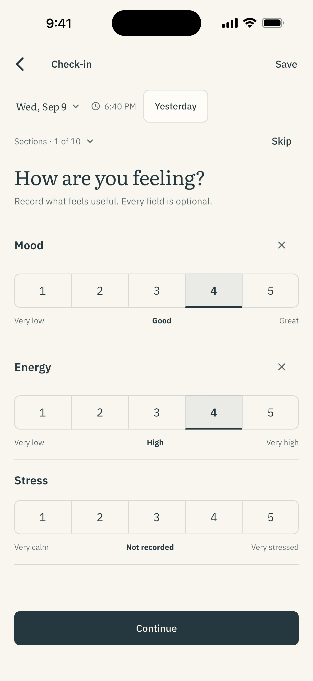Feltide’s guided check-in, with optional feeling ratings and example values