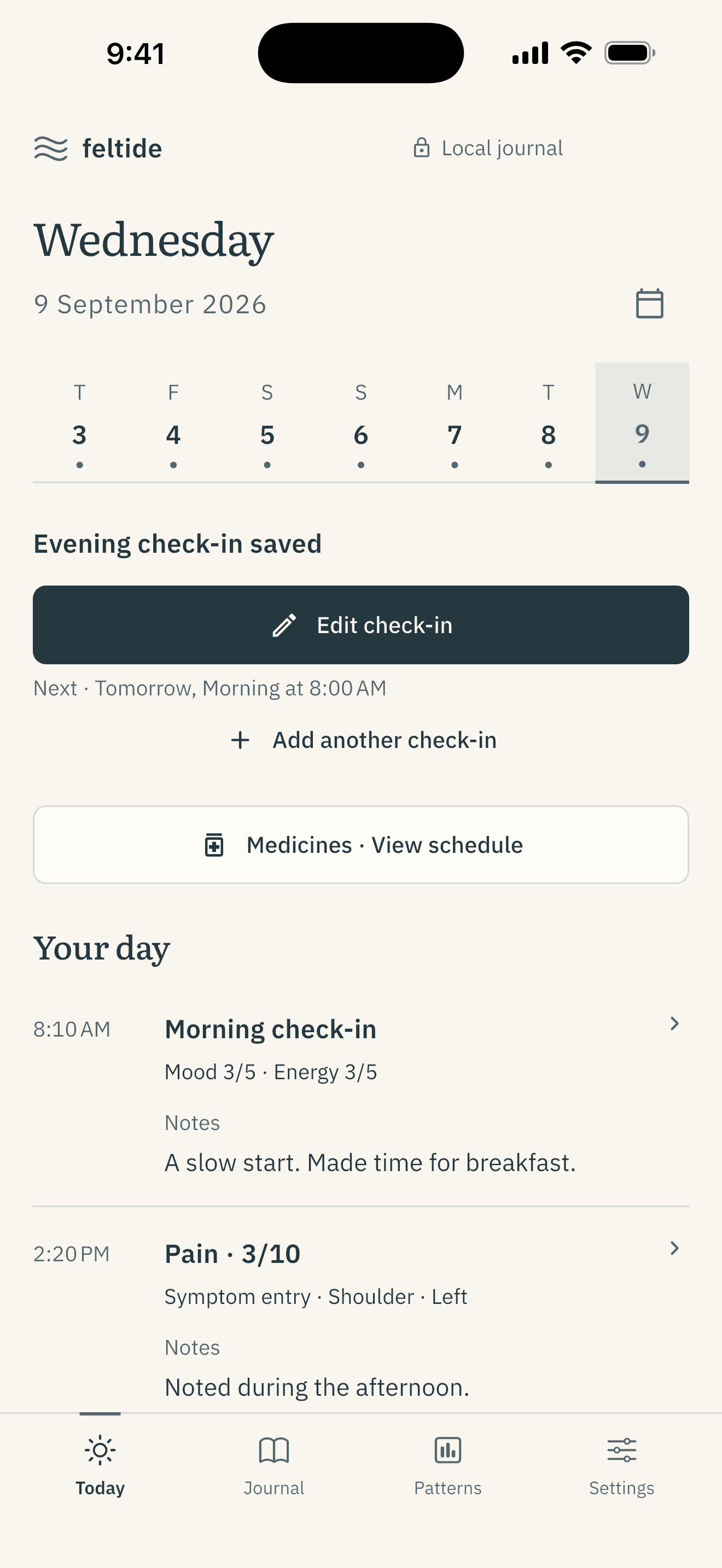 Feltide Today screen with a daily rhythm and a saved check-in, using example journal data